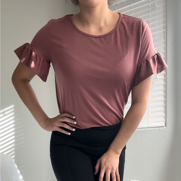 Ruffle Sleeve Solid Tee (Color : Redwood) - Picture 3 of 3